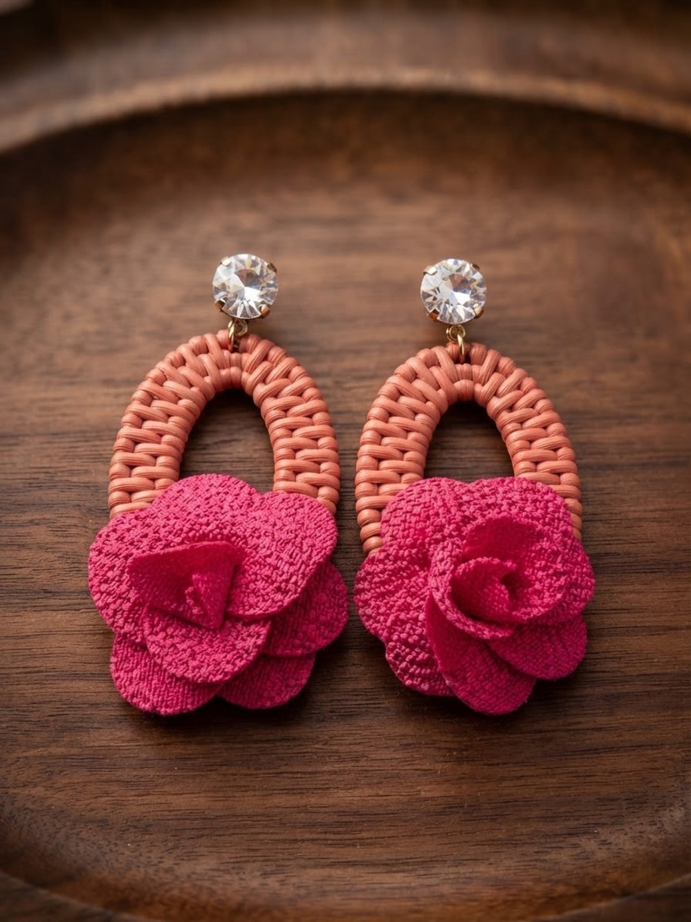 Fashion Jewelry Coral Hoop Earrings with Pink Floral Accent